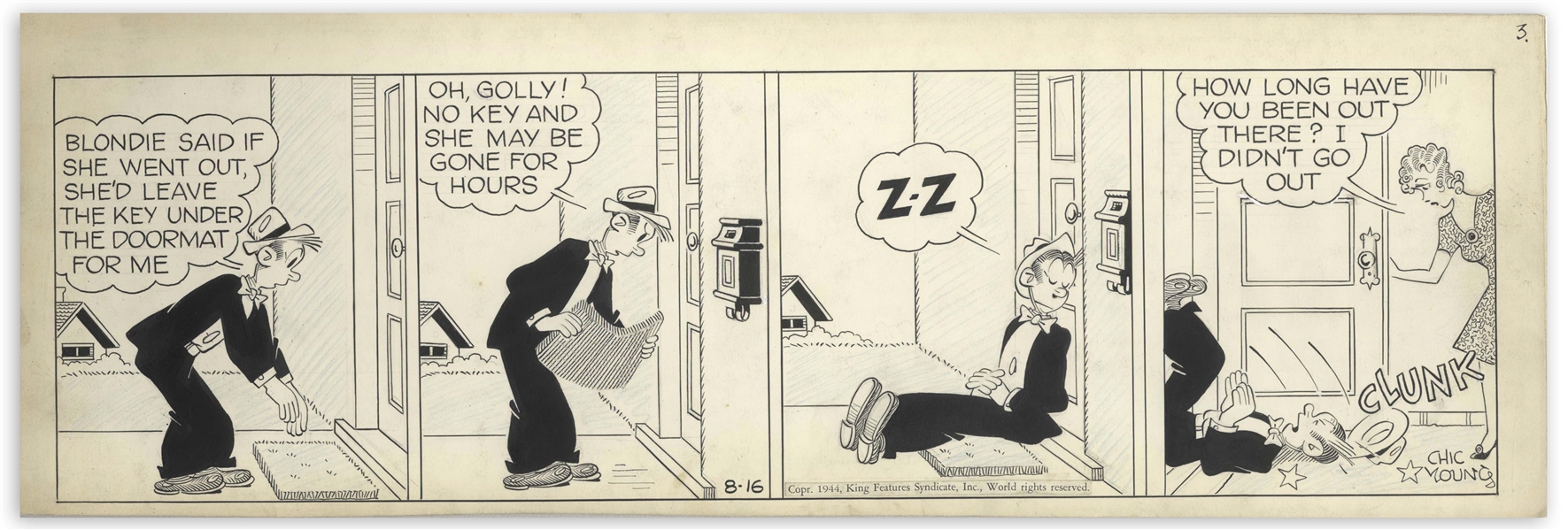 Chic Young Hand-Drawn ''Blondie'' Comic Strip From 1944 Titled ''Open House at the Bumsteads!'' -- A Comedy of Errors Results in a Nice Nap for Dagwood